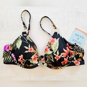 SHADE & SHORE Tropical Floral Black Underwire Bikini Top, Size 34C, NWT